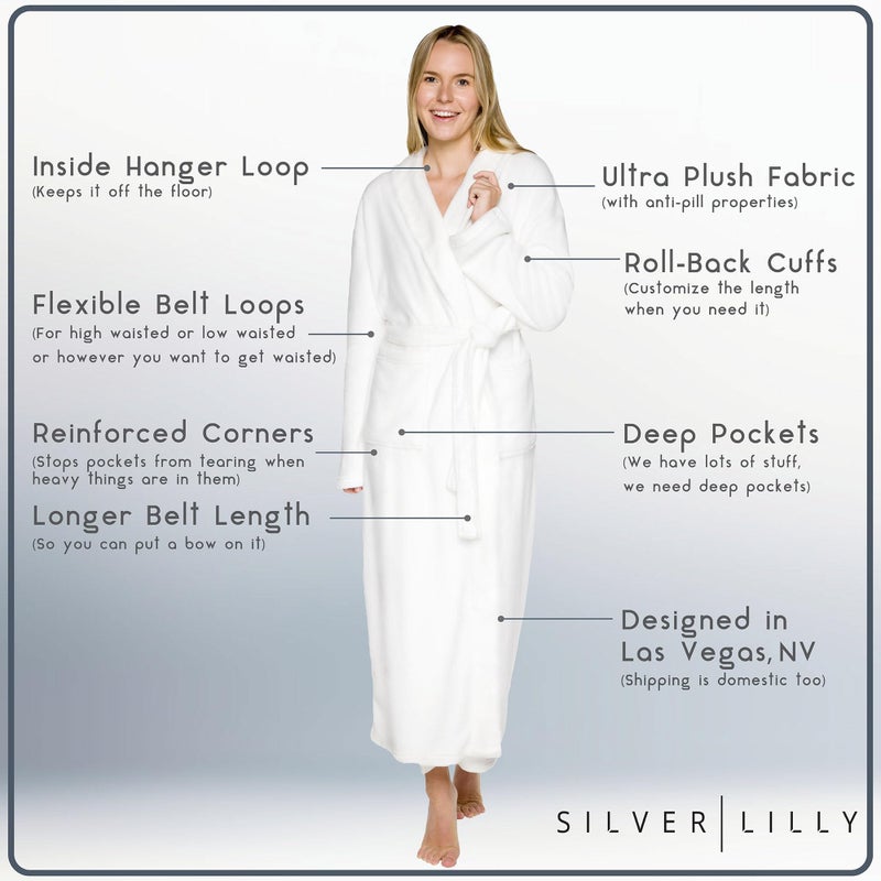 Silver Lilly Premium Womens Robe with Shawl Collar, Plush Fleece Long Bath Robe for Women, Fluffy, Warm, Fleece Women's Bathrobe- Large-X-Large - White - Image 5